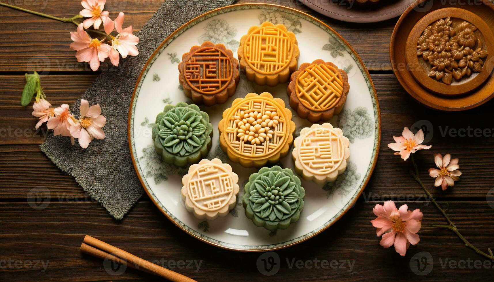 Generative AI illustration of Chinese Mid Autumn Festival moon cakes arranged on a traditional Chinese porcelain plate, set on a rustic wooden table. Flat lay, top down photo