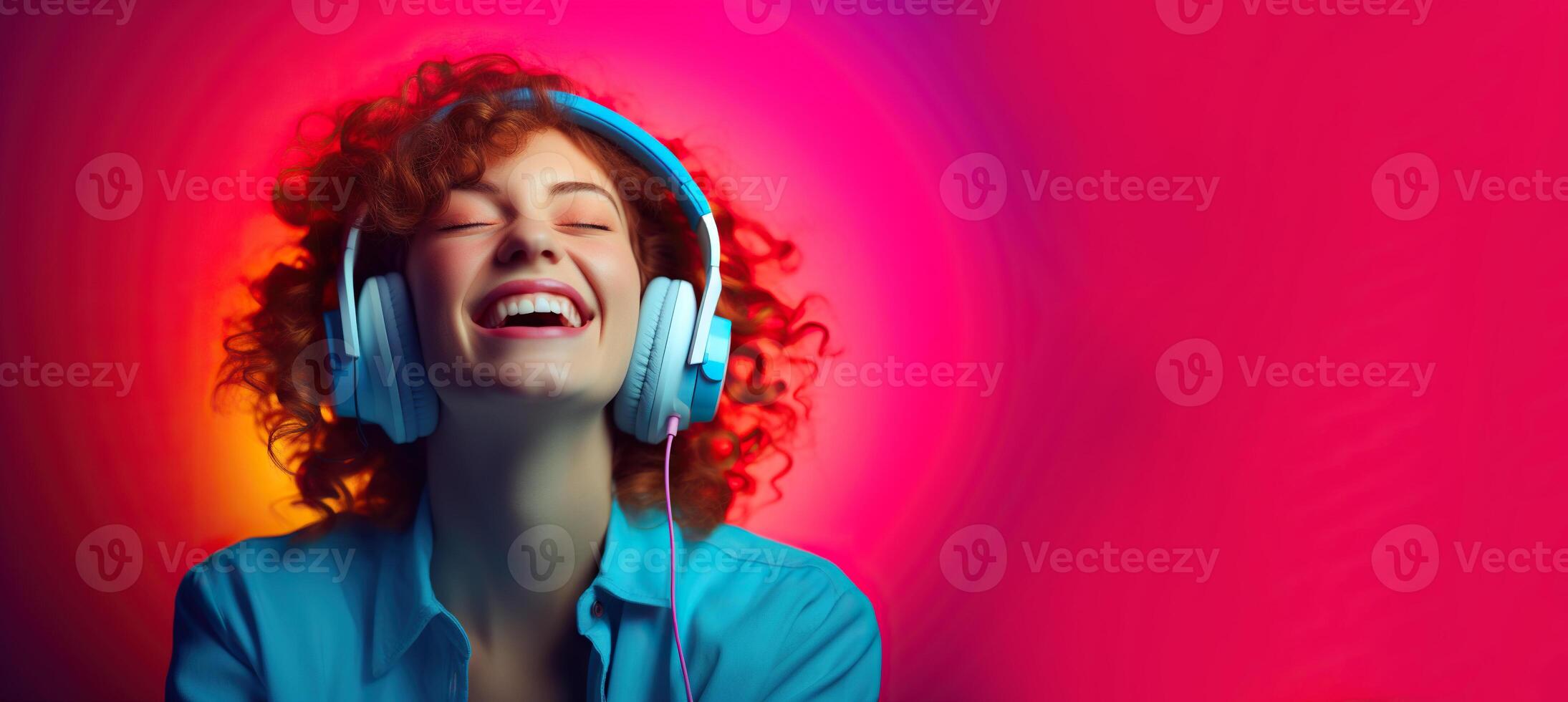 Generative AI illustration of smiling woman listening to music