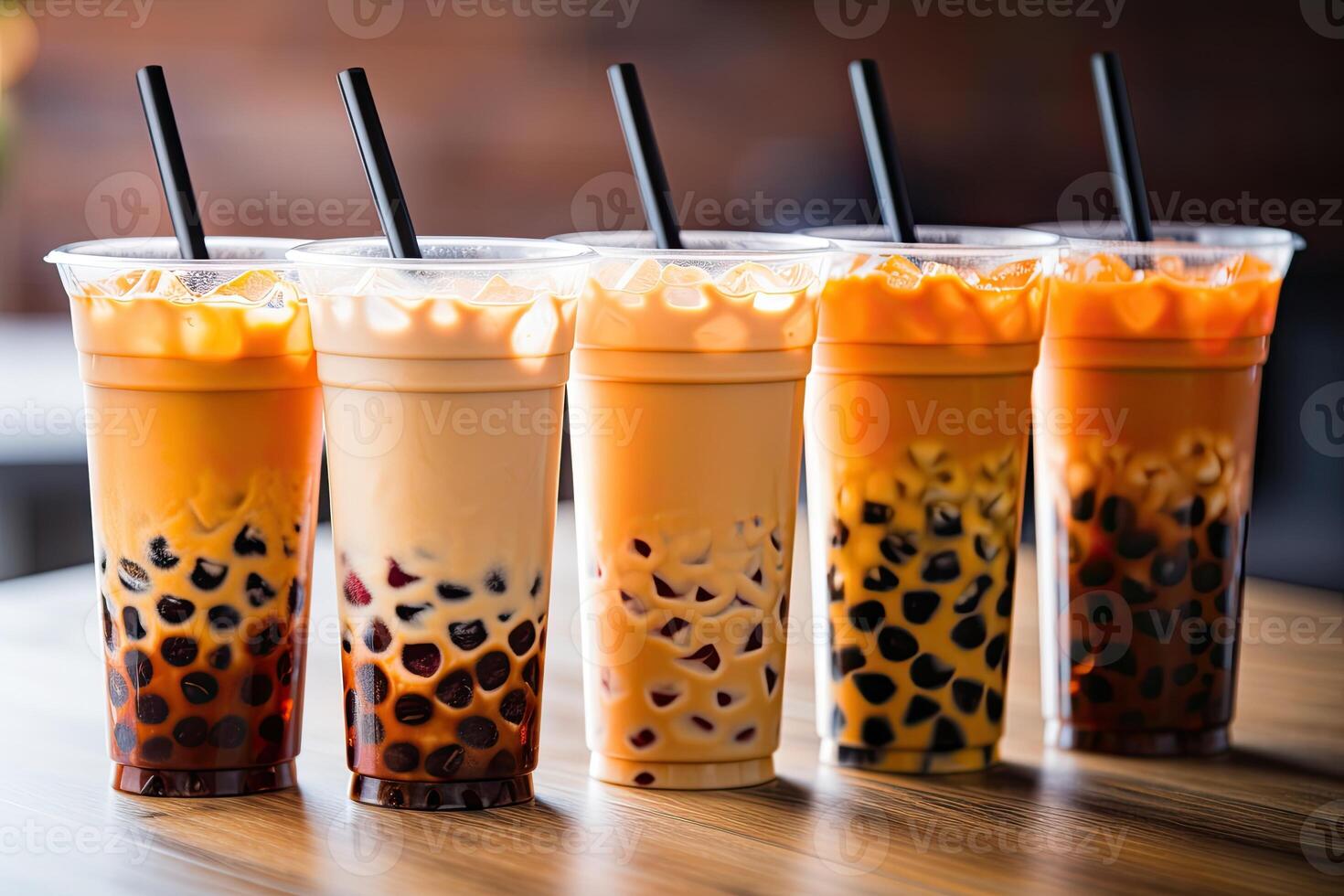 Generative AI illustration of plastic cups of boba milk tea, with bubbles, close-up shot, depth of field, gourmet dessert, blurry background photo