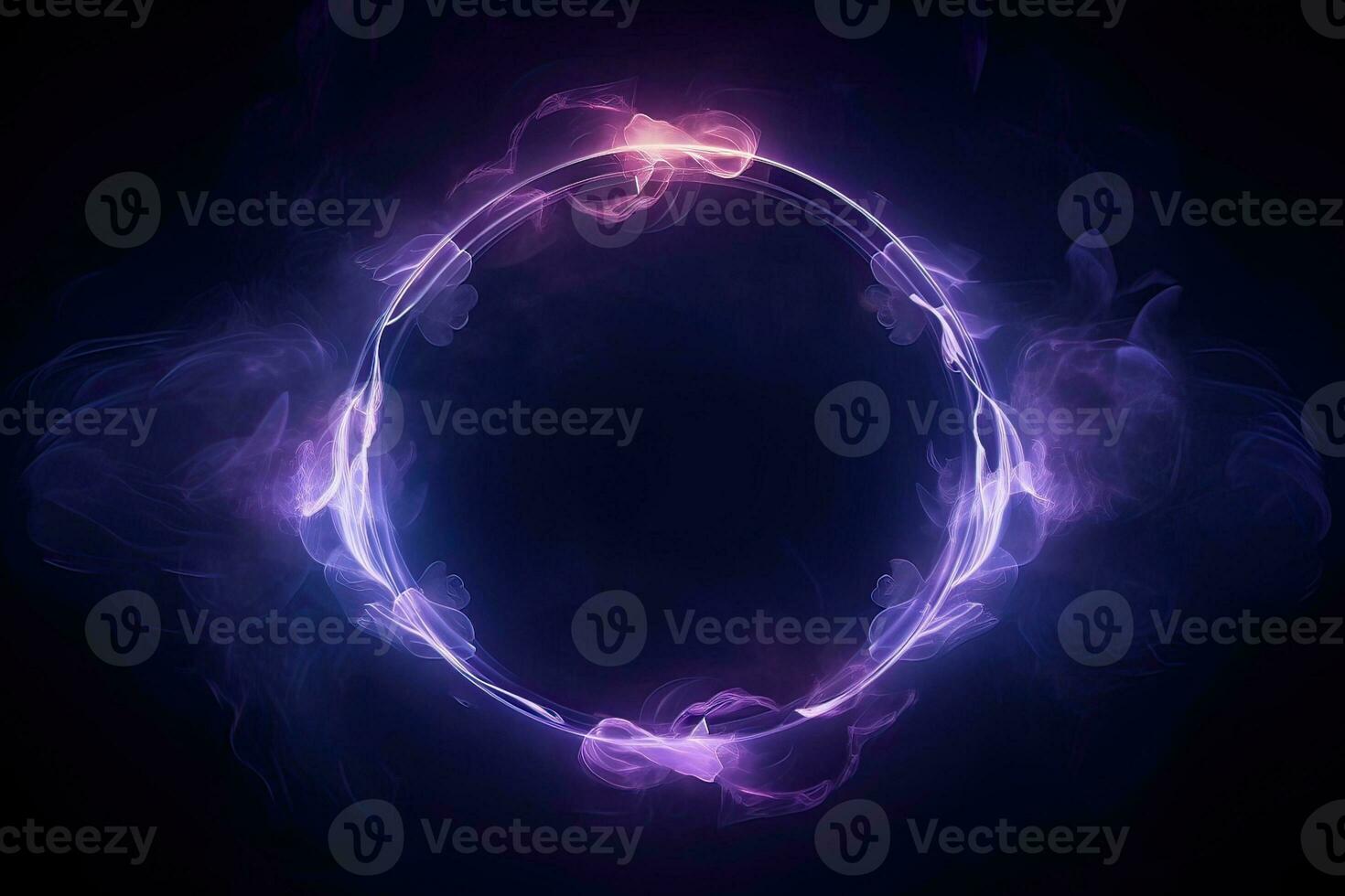 Generative AI illustration of neon smoke exploding outwards with empty center. Dramatic smoke or fog effect for spooky, hot lighting ring circle photo