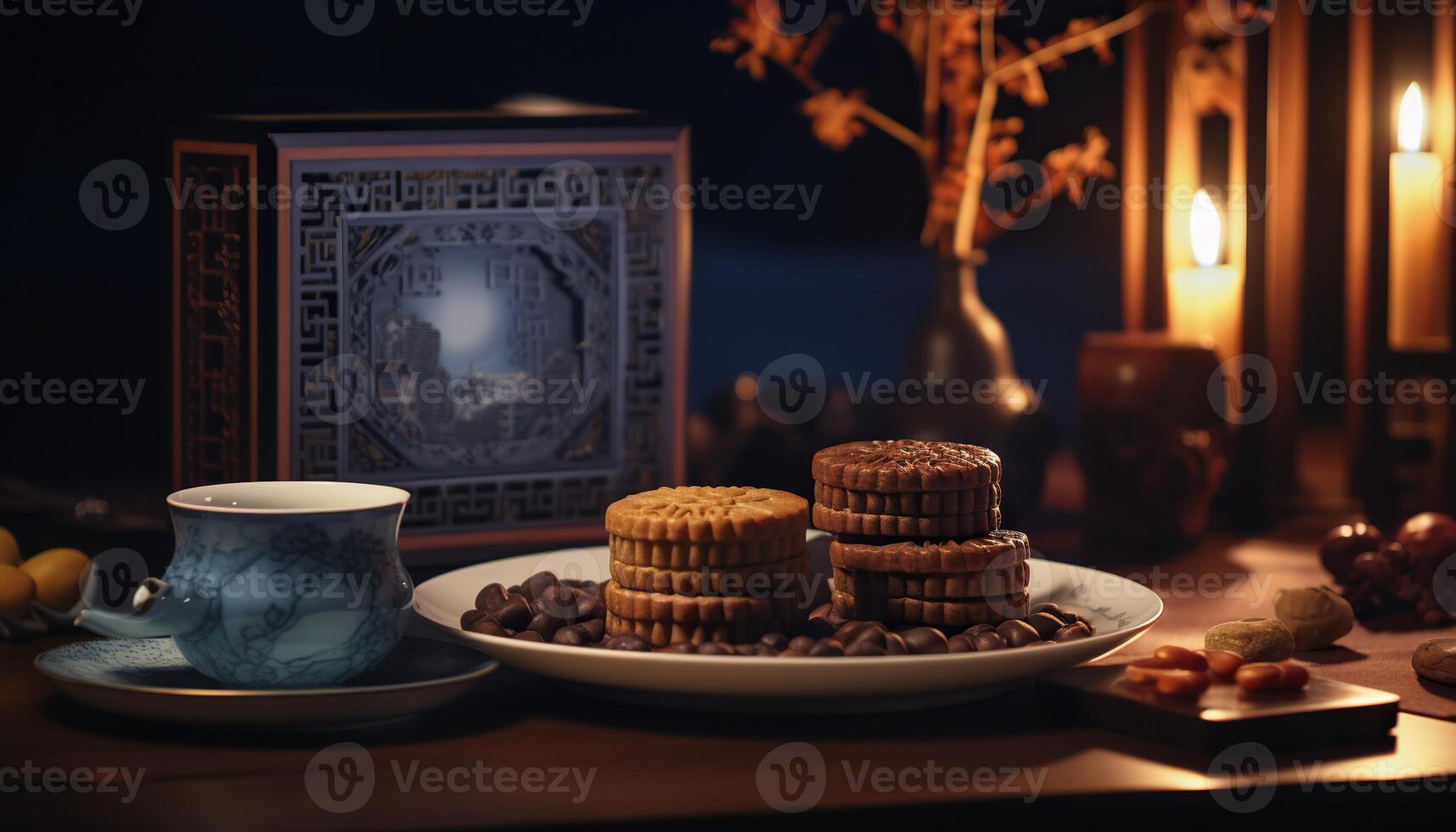 illustration of Chinese Mid Autumn Festival moon cakes arranged on a traditional Chinese porcelain plate, set on a rustic wooden table photo