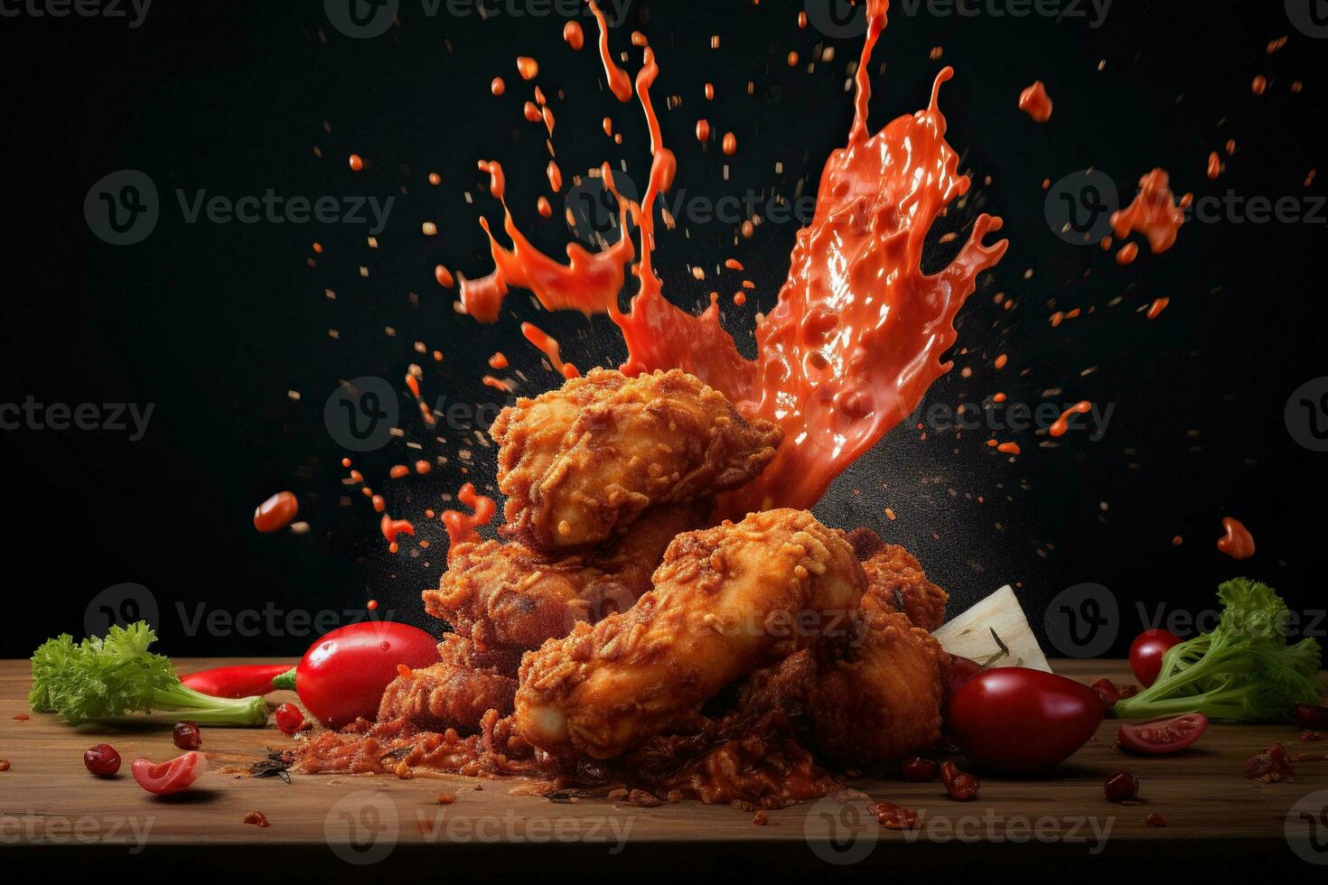 Generative AI illustration of red chili pepper splashing with Fried Chicken on solid color background photo
