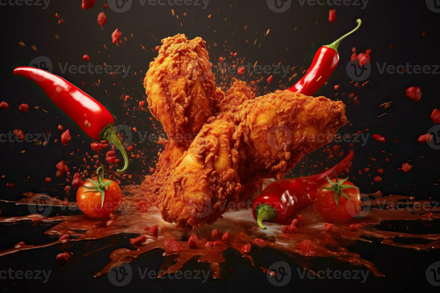 Generative AI illustration of red chili pepper splashing with Fried Chicken on solid color background photo