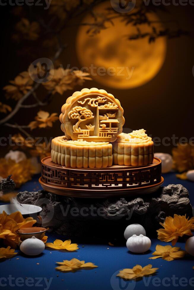 illustration of Chinese Mid Autumn Festival moon cakes arranged on a traditional Chinese porcelain plate, set on a rustic wooden table photo