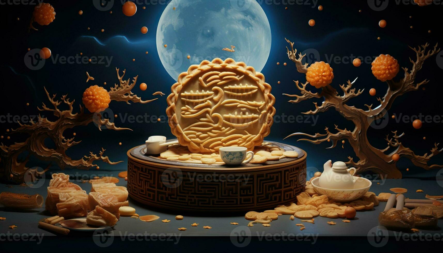 generativo ai ilustración de chino medio otoño festival Luna pasteles arreglado en un tradicional chino porcelana lámina, conjunto en un rústico de madera mesa foto