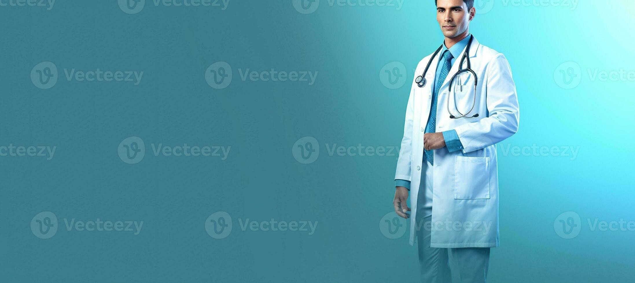 generativo ai ilustración de el médico retrato lleva un estetoscopio terminado un azul fondo, en el estilo de bokeh panorama foto