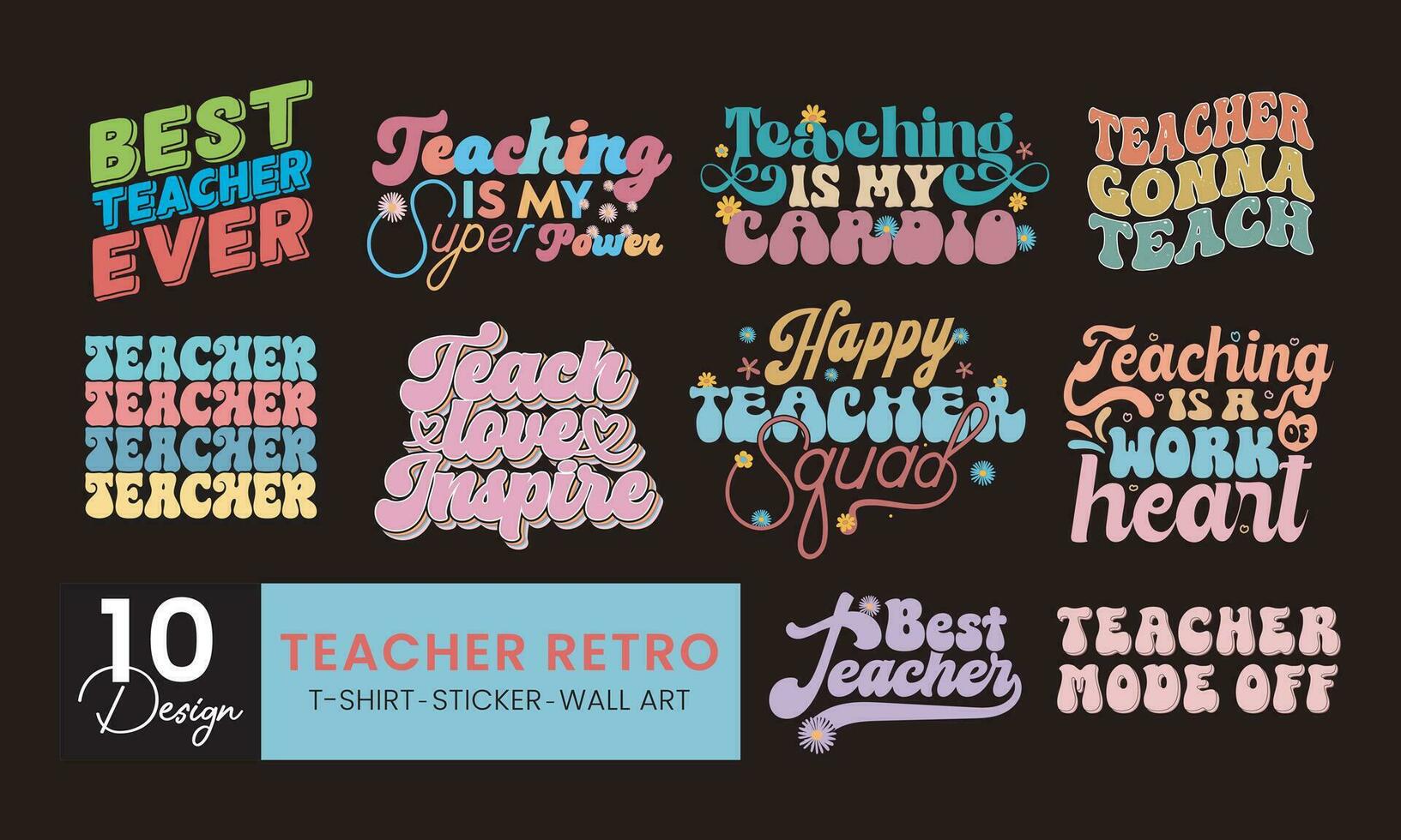 Teacher retro handwriting quotes t shirt typographic vector graphic sticker design bundle