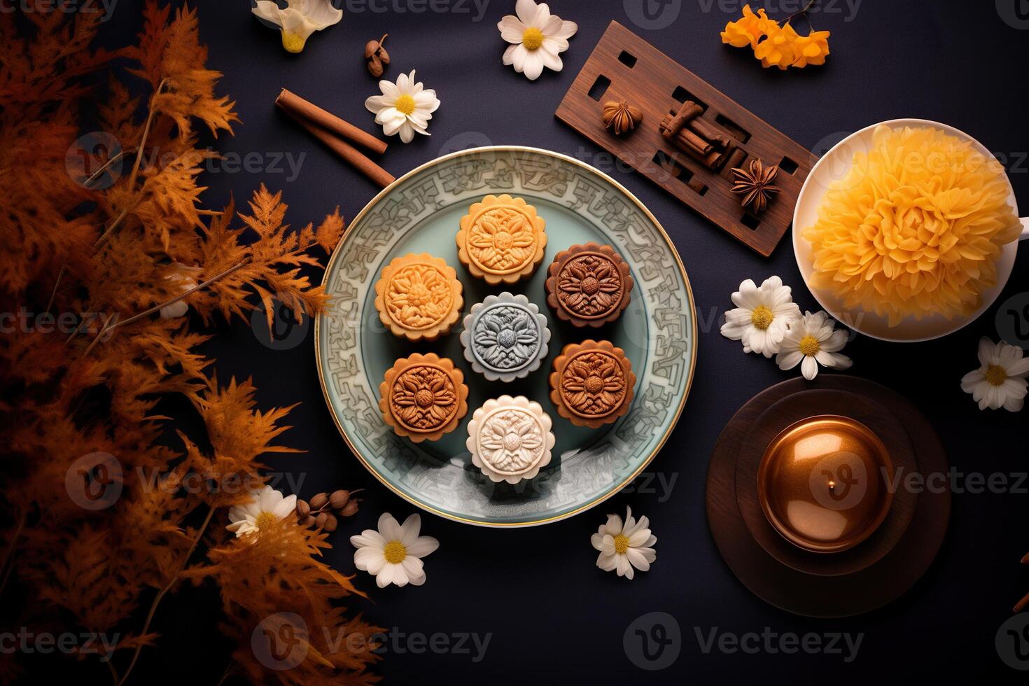 illustration of Chinese Mid Autumn Festival moon cakes arranged on a traditional Chinese porcelain plate, set on a rustic wooden table. Flat lay, top down photo
