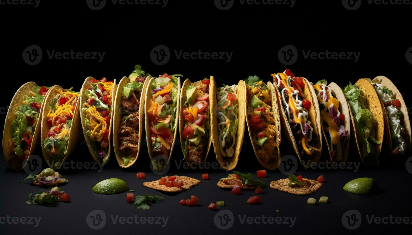 Generative AI illustration of tacos, many poses, on the dark background photo