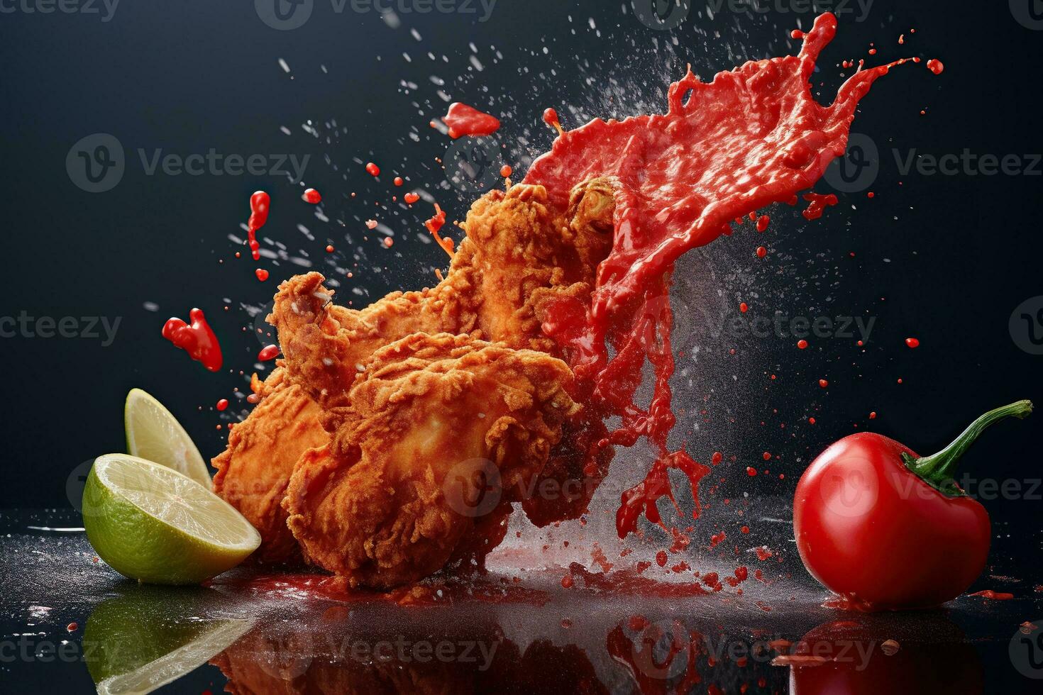 Generative AI illustration of red chili pepper splashing with Fried Chicken on solid color background photo