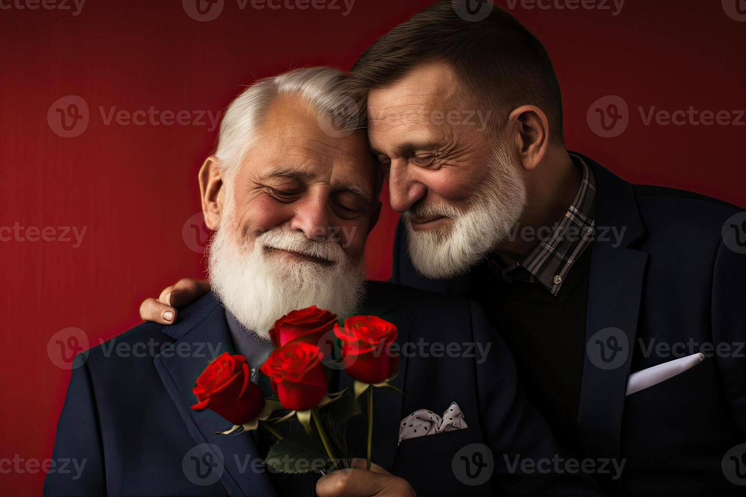illustration of a married, elderly gay male couple embrace each other in a show of love and affection photo