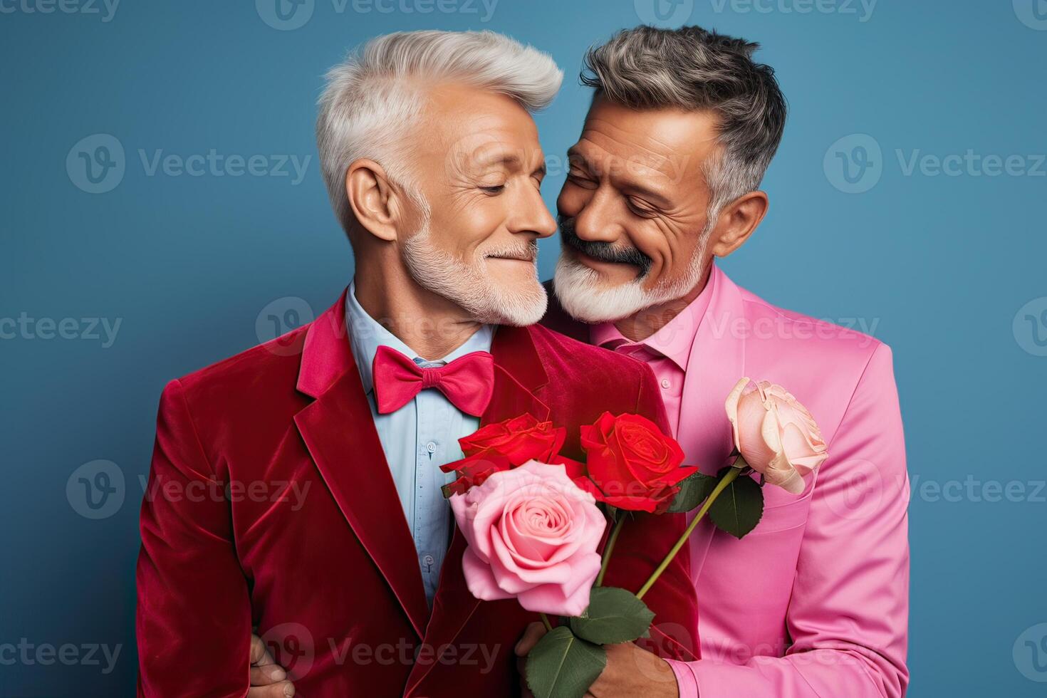 illustration of a married, elderly gay male couple embrace each other in a show of love and affection photo