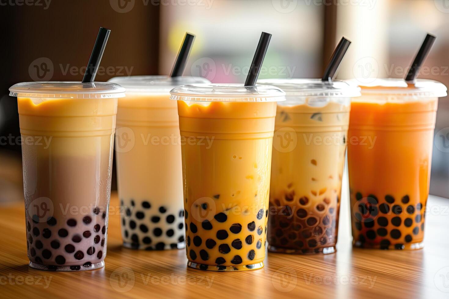 Generative AI illustration of plastic cups of boba milk tea, with bubbles, close-up shot, depth of field, gourmet dessert, blurry background photo