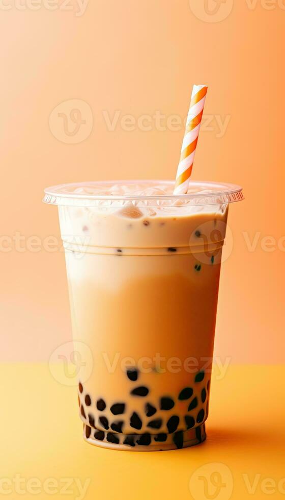 Generative AI illustration of product photo plastic cup of boba milk tea, with bubbles, fun, pastel background
