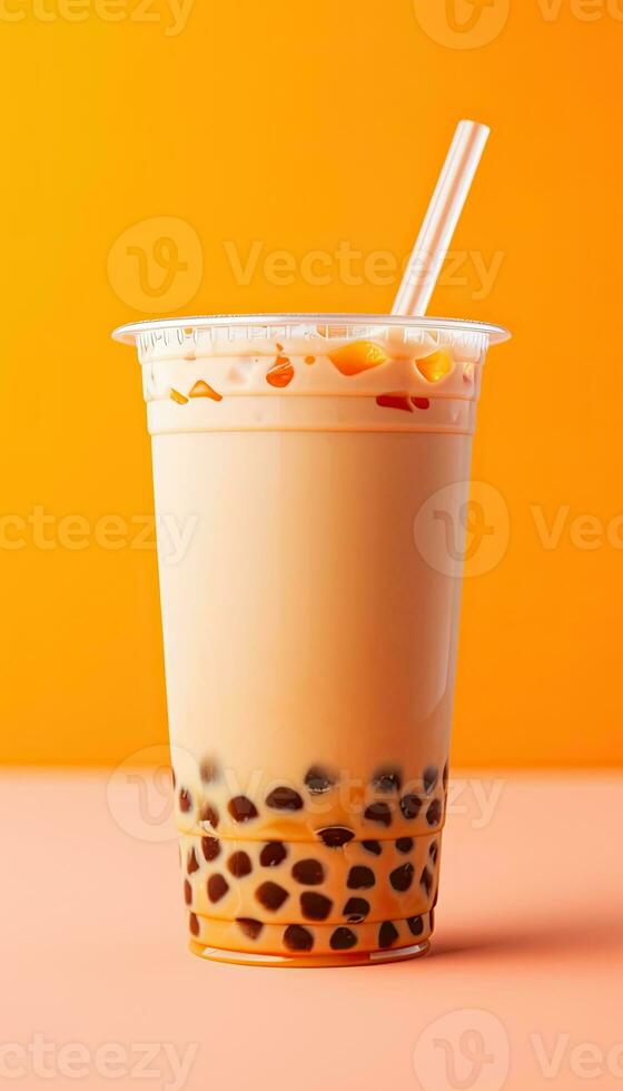 Generative AI illustration of product photo plastic cup of boba milk tea, with bubbles, fun, pastel background