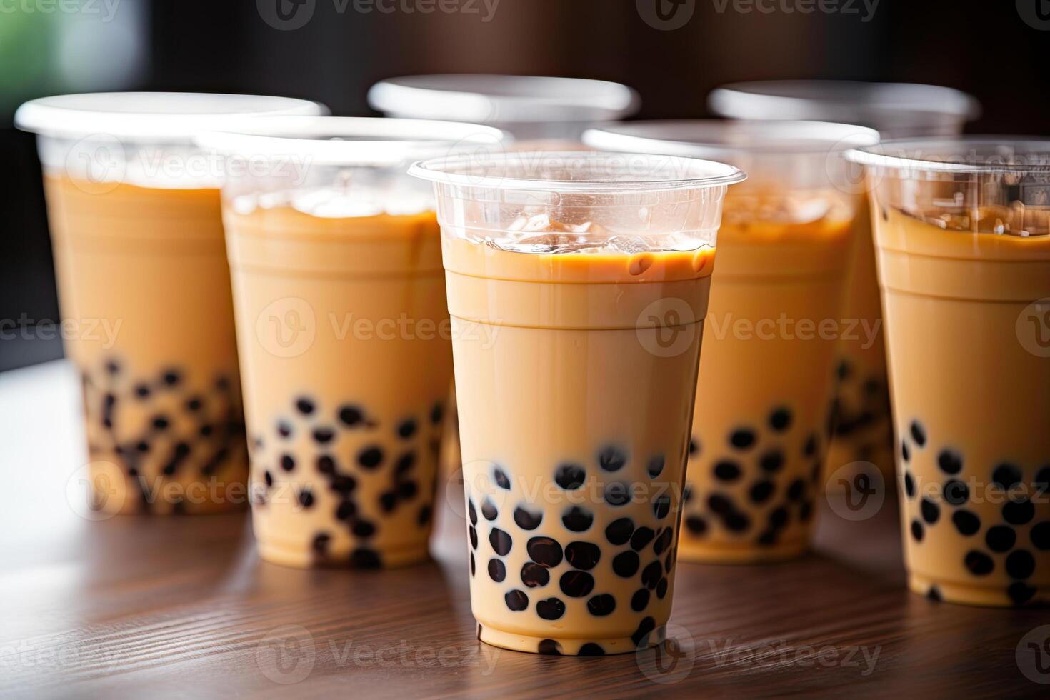 illustration of plastic cups of boba milk tea, with bubbles, close-up shot, depth of field, gourmet dessert, blurry background photo