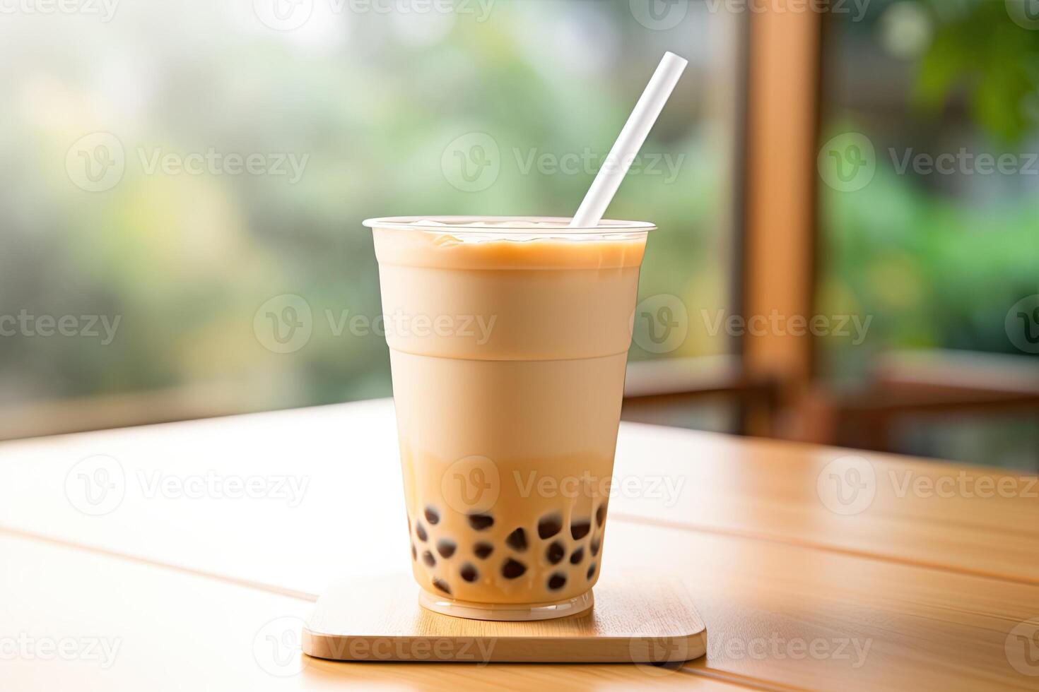 illustration of Taiwan boba milk tea with bubble on wood table photo