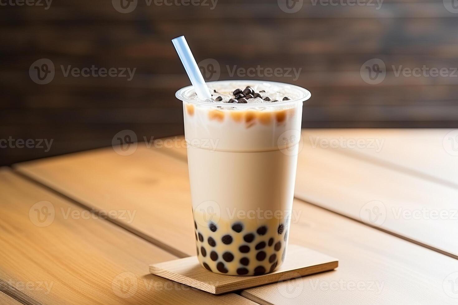 illustration of Taiwan boba milk tea with bubble on wood table photo