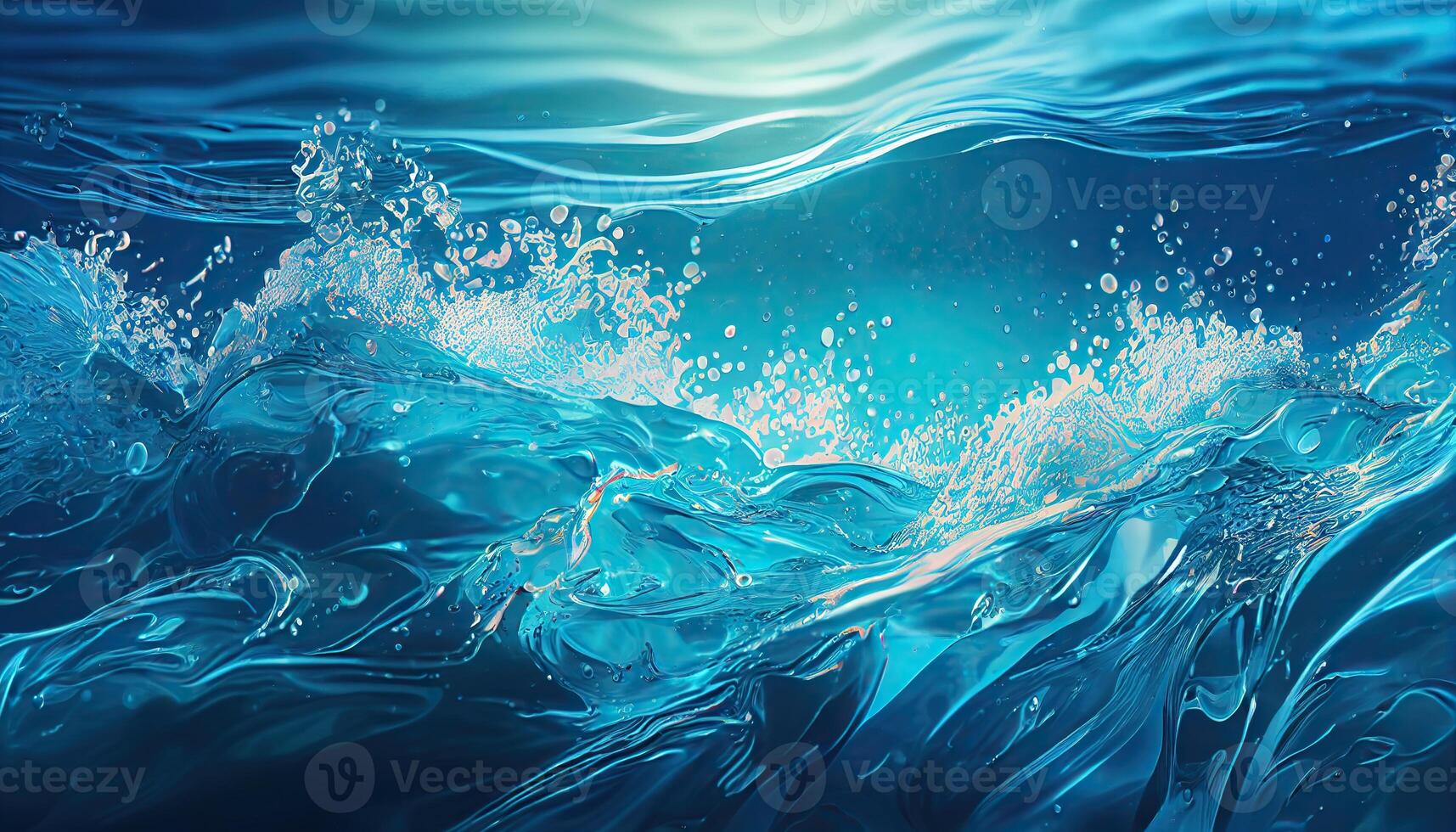 illustration of transparent blue clear water surface texture with ripples, splashes and bubbles. Abstract summer banner background, water waves in sunlight with copy space photo