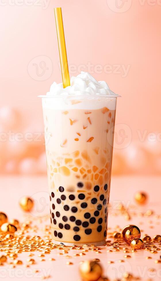 Generative AI illustration of product photo plastic cup of boba milk tea, with bubbles, fun, pastel background