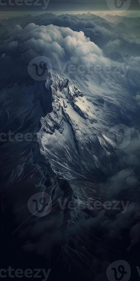 illustration of view from sky, snow mountains of dark age, rain, fog, dramatic and stunning landscape, dramatic linear delicacy photo