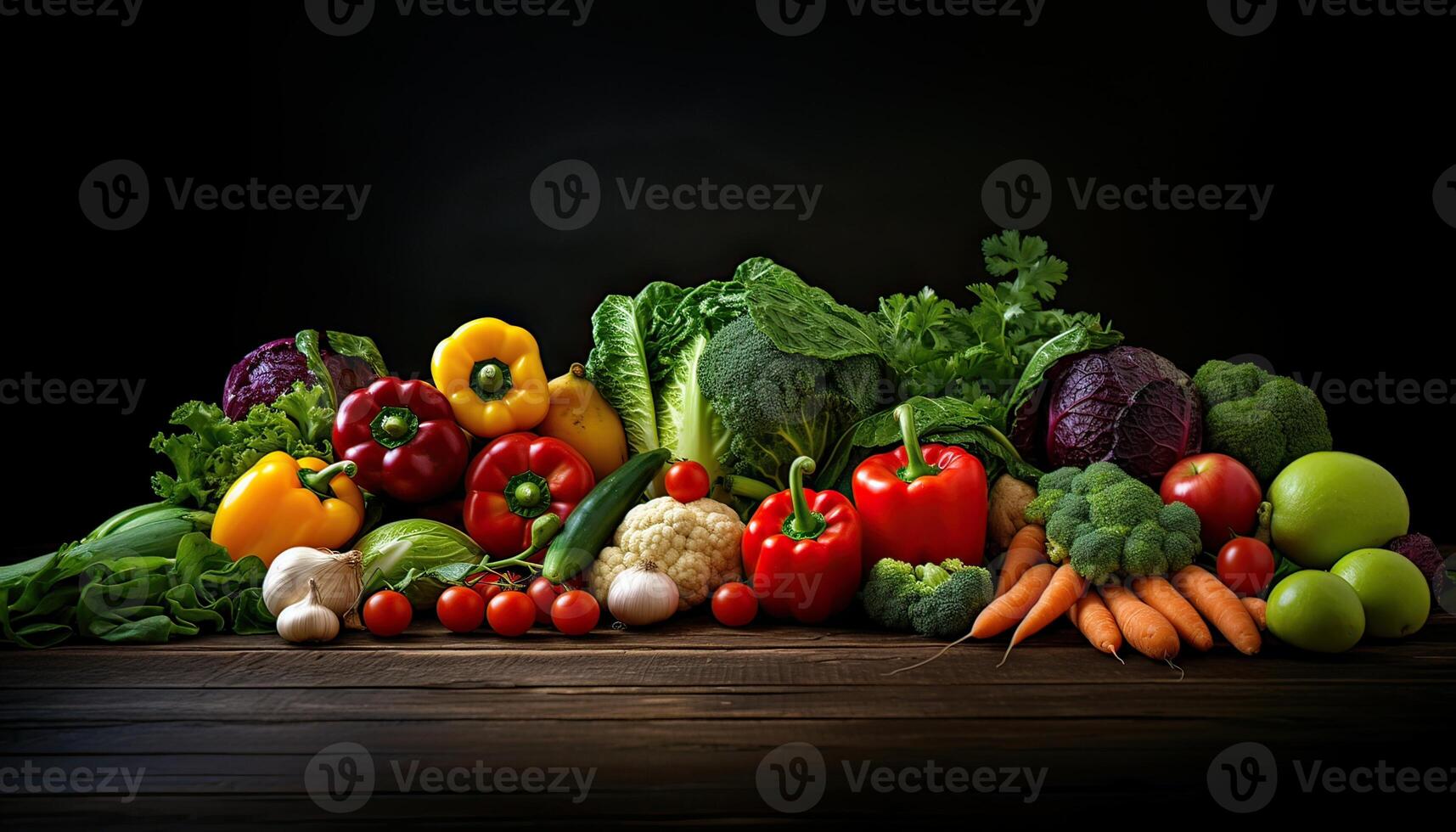 illustration of organic harvest vegetables. Vegetarian ingredients for cooking on dark rustic wooden background, top view photo