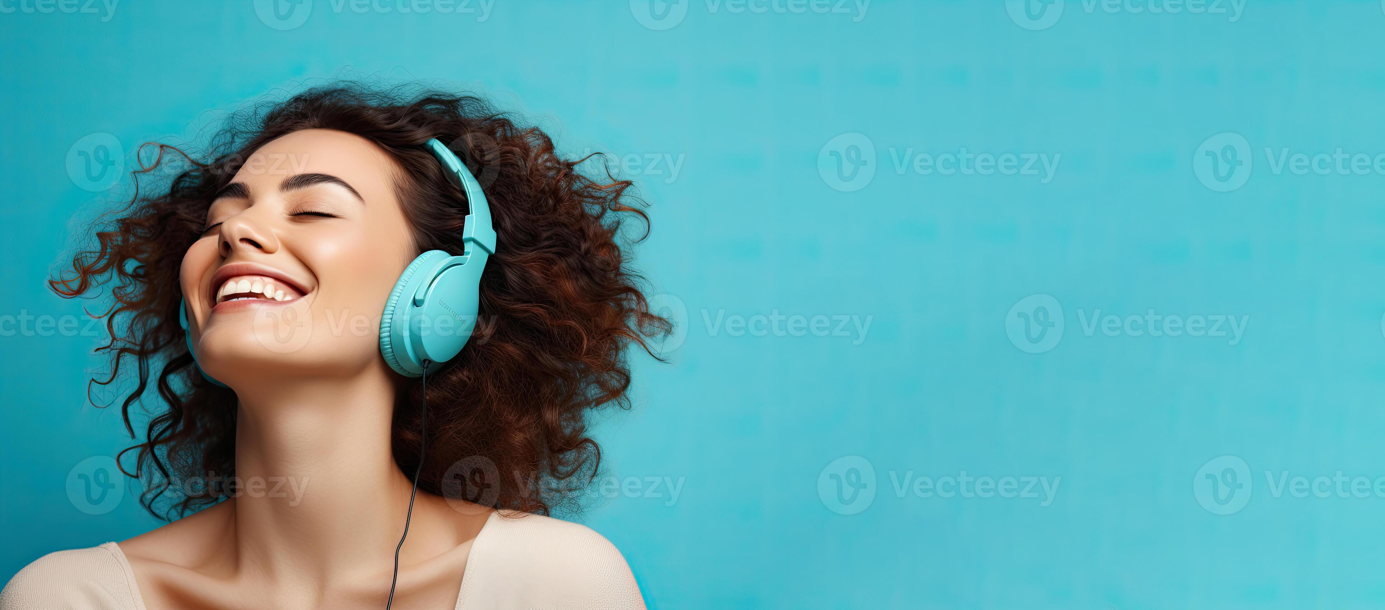 Generative AI illustration of smiling woman listening to music