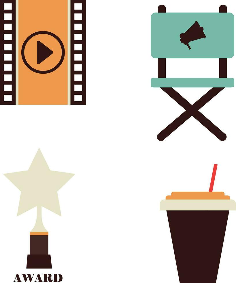 Retro Cinema Illustration. Collection of icons on the theme of cinema, video, filmmaking. Modern trendy design. Isolated on white background. Vector illustration