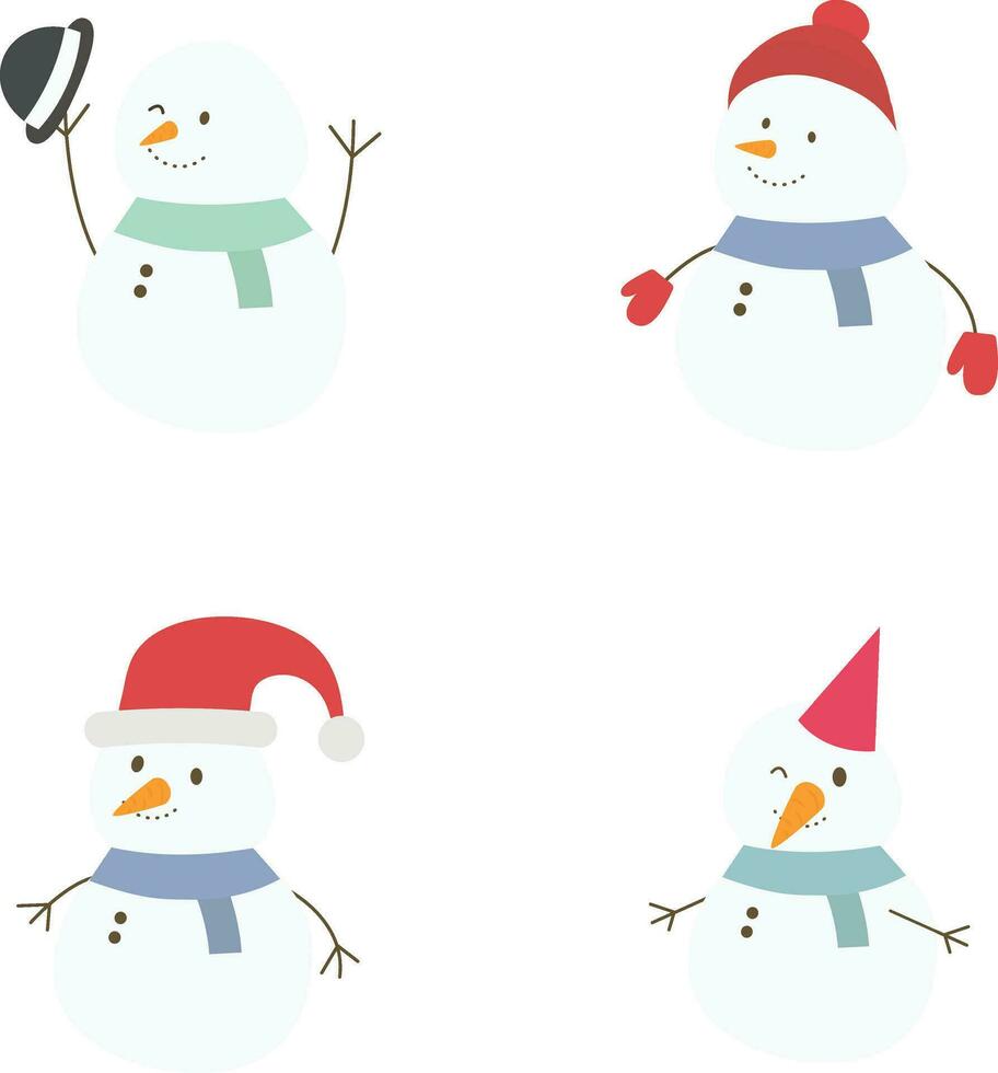 Winter Snowmen. Cheerful snowmen in different costumes. Vector illustration on white isolated background.