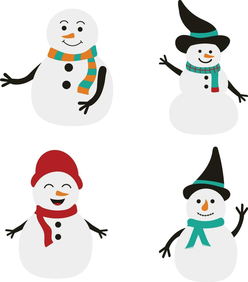 Winter Snowmen Element. Cheerful snowmen in different costumes. Vector illustration on white isolated background.