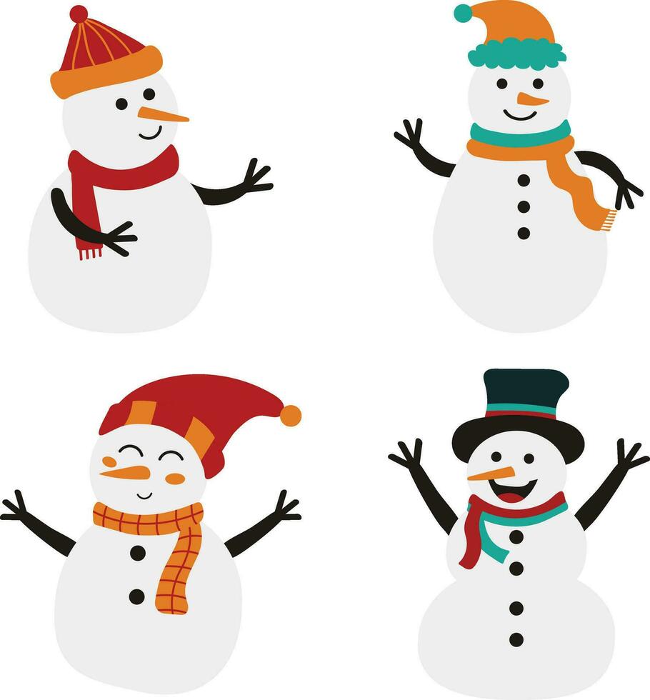 Winter Snowmen Element. Cheerful snowmen in different costumes. Vector illustration on white isolated background.