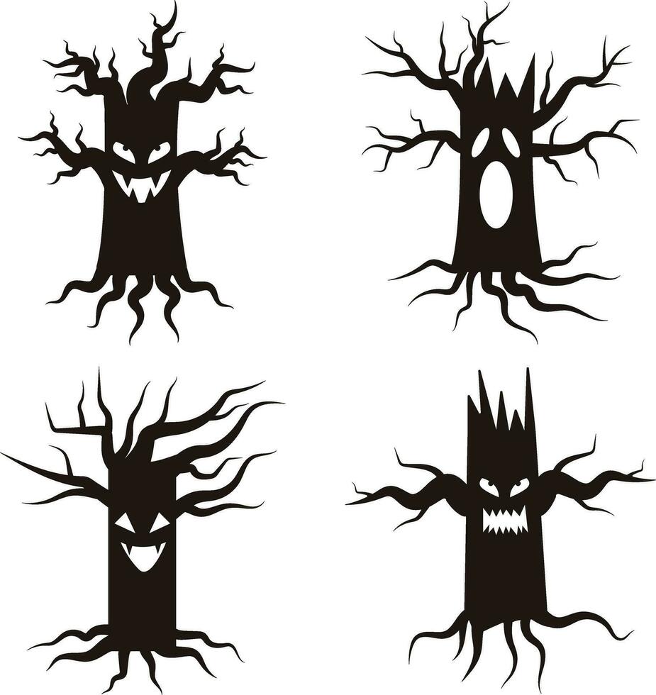 Víspera de Todos los Santos árbol aterrador. negro arboles silueta en blanco antecedentes vector