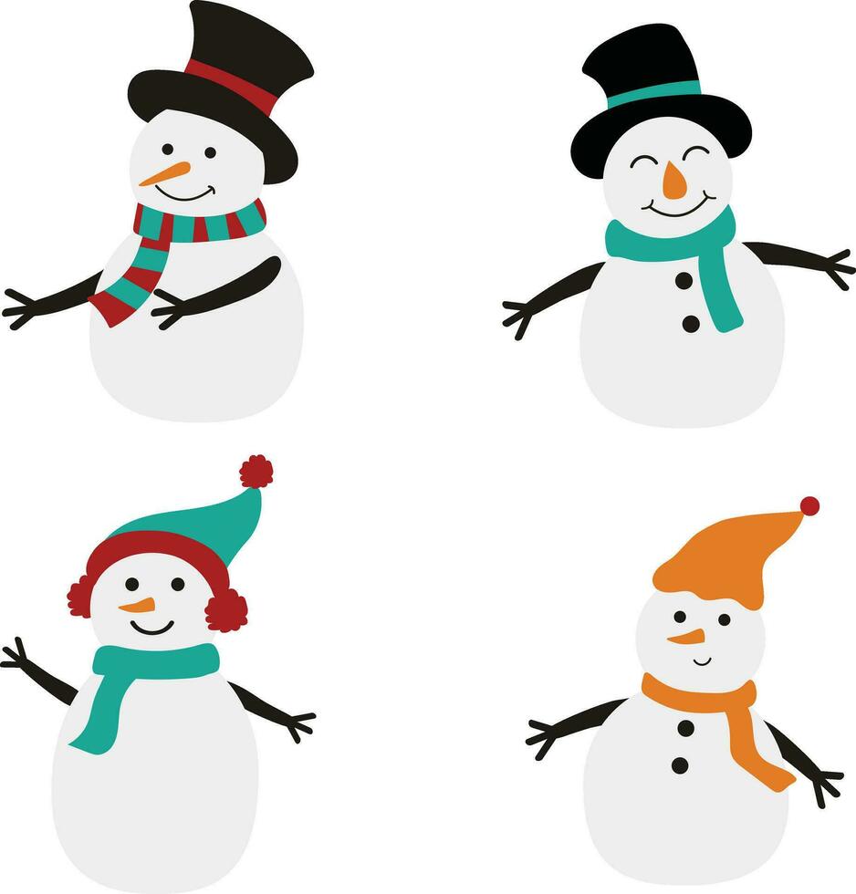 Winter Snowmen Element. Cheerful snowmen in different costumes. Vector illustration on white isolated background.