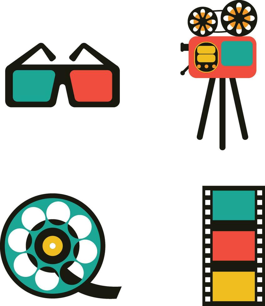 Retro Cinema Illustration. Tickets, popcorn bucket, megaphone, 3D glasses, clapperboard, montage tape, video camera. Vector illustration