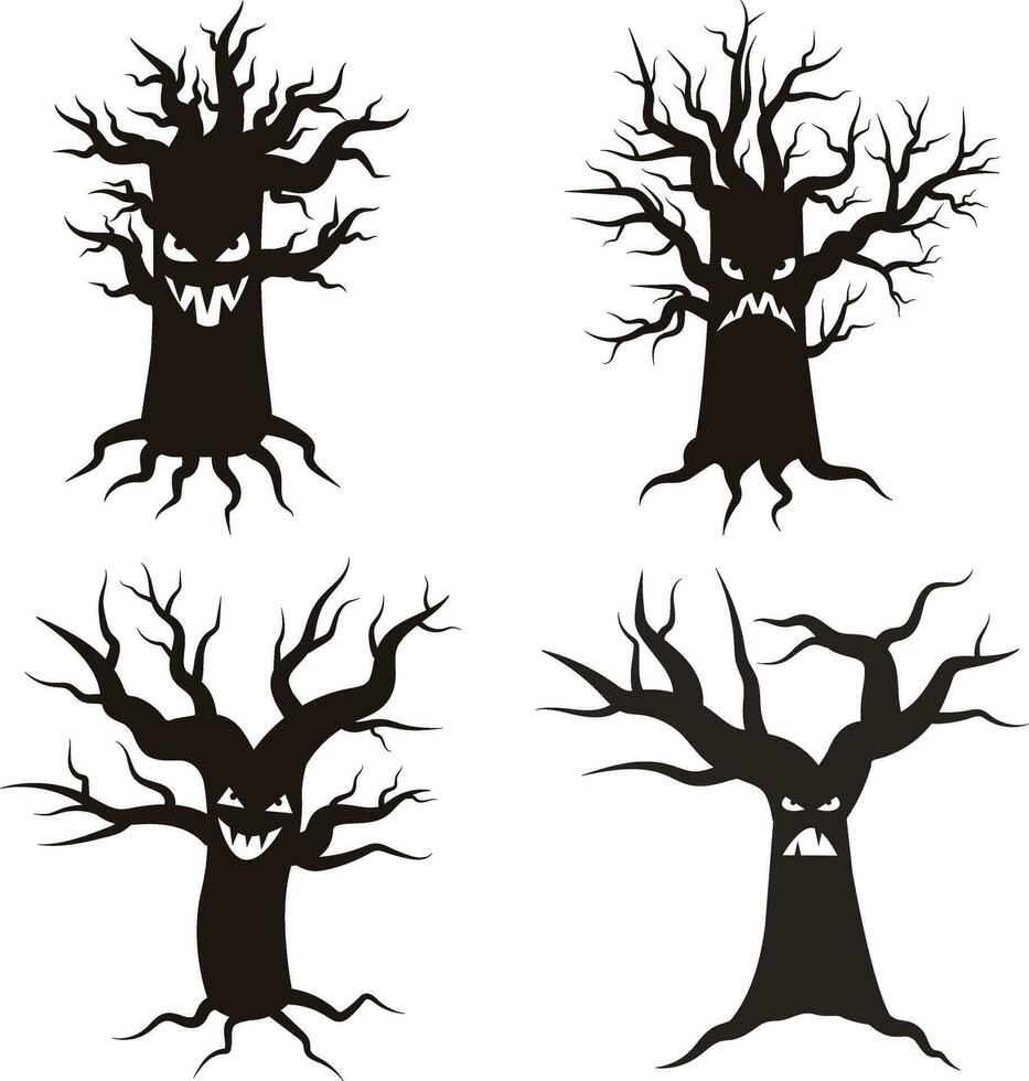 Víspera de Todos los Santos árbol aterrador. negro arboles silueta en blanco antecedentes vector