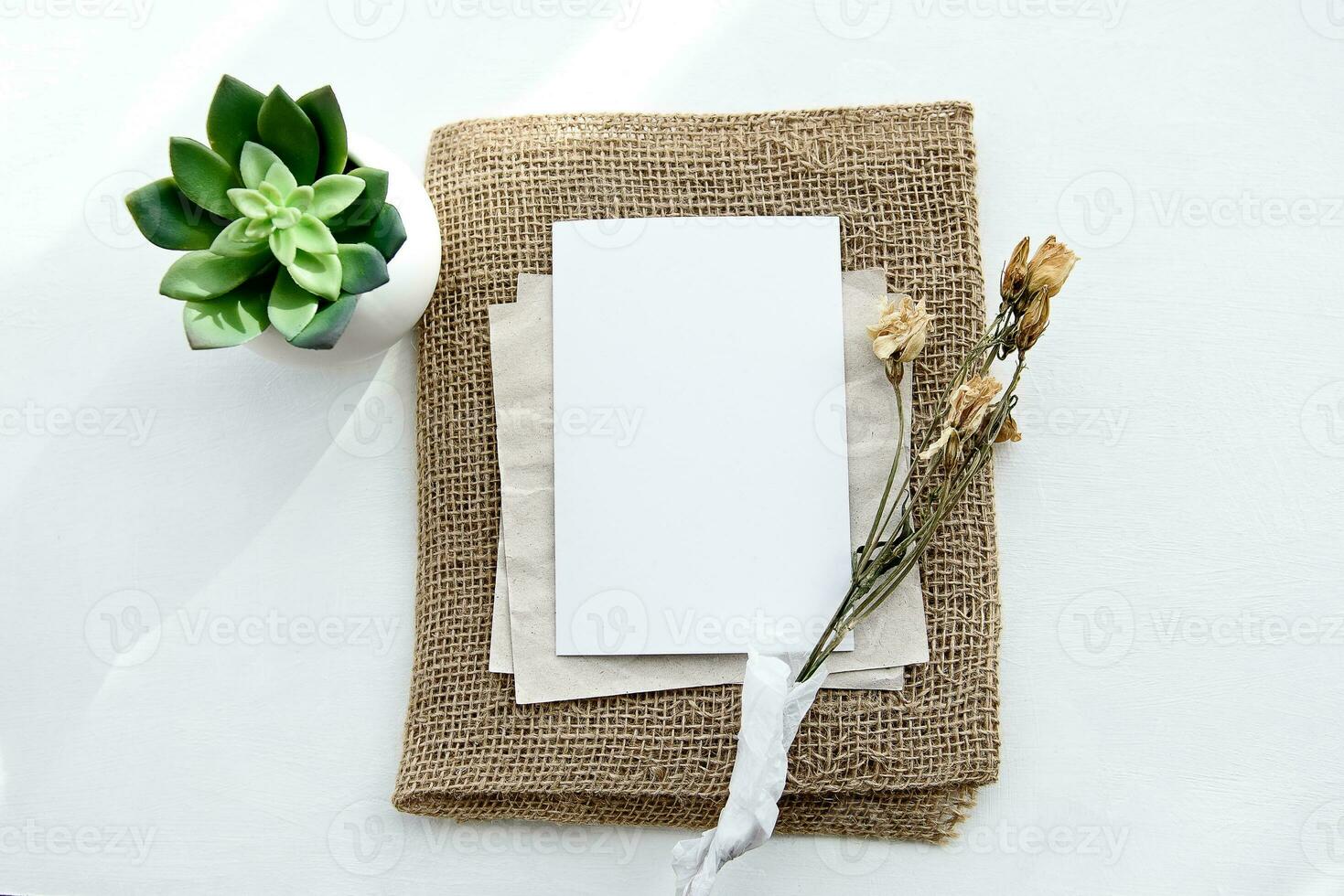 Fashionable white stock background with a blank postcard and flowers. Top view and copy space. photo