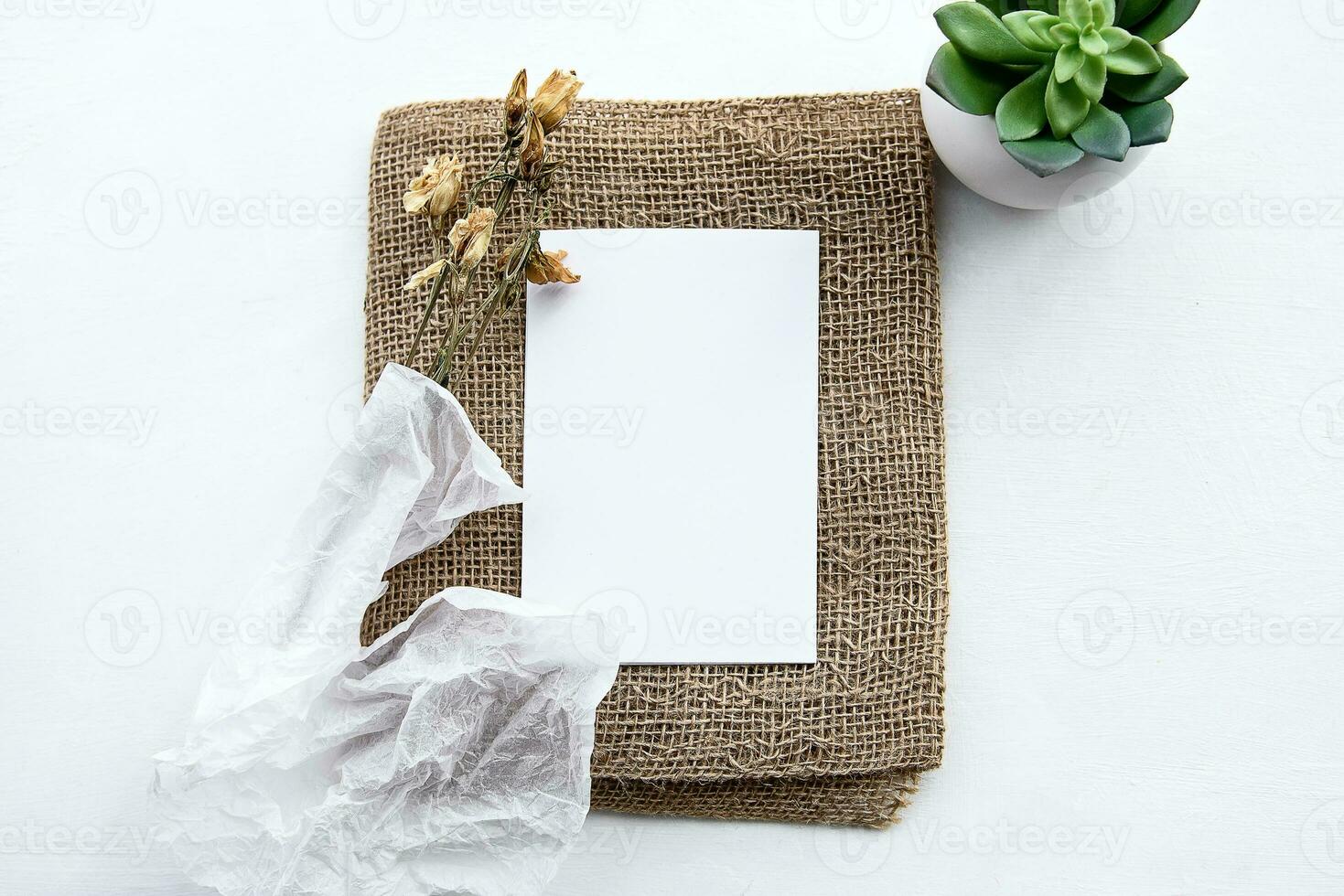 Fashionable white stock background with a blank postcard and flowers. Top view and copy space. photo