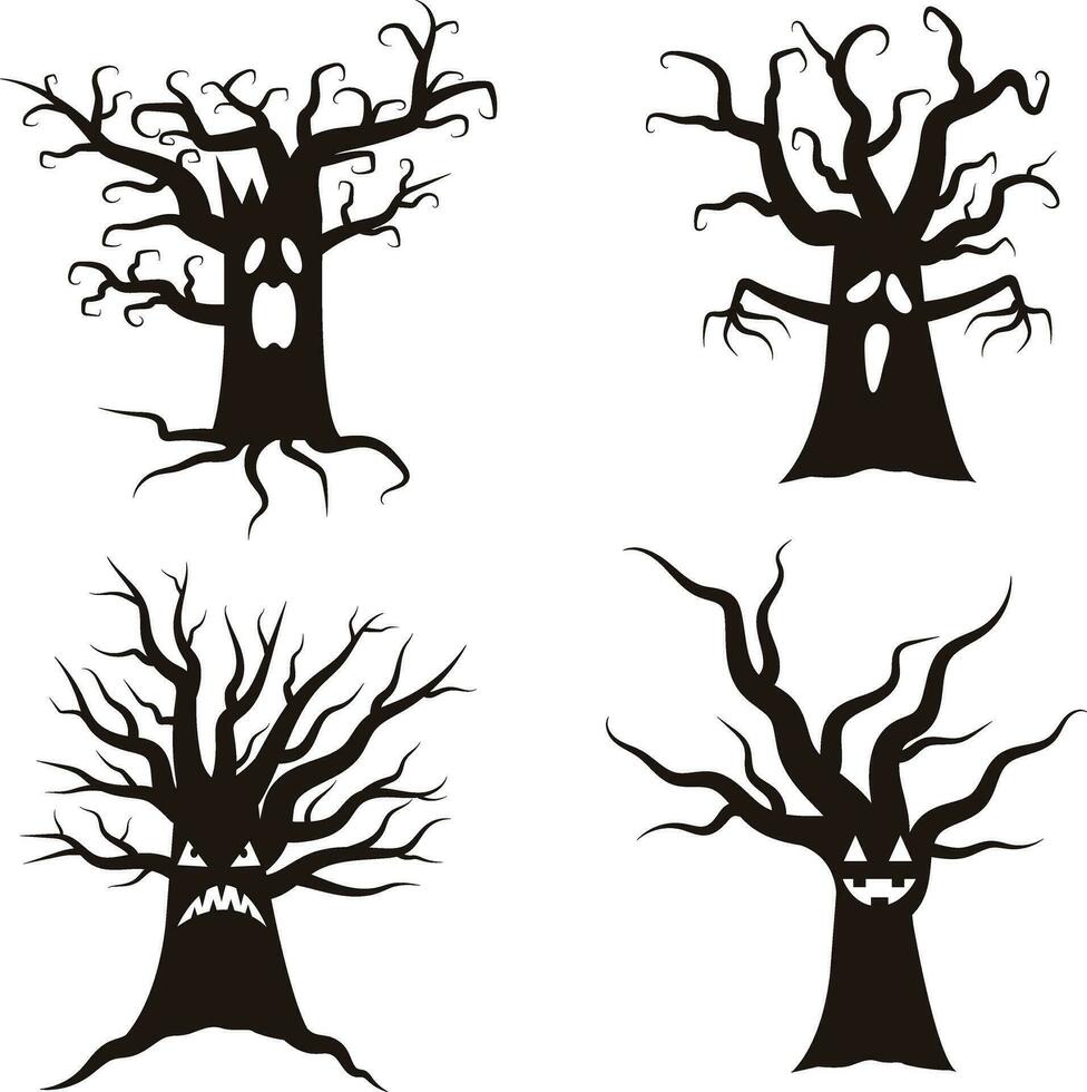 Víspera de Todos los Santos árbol aterrador. negro arboles silueta en blanco antecedentes vector