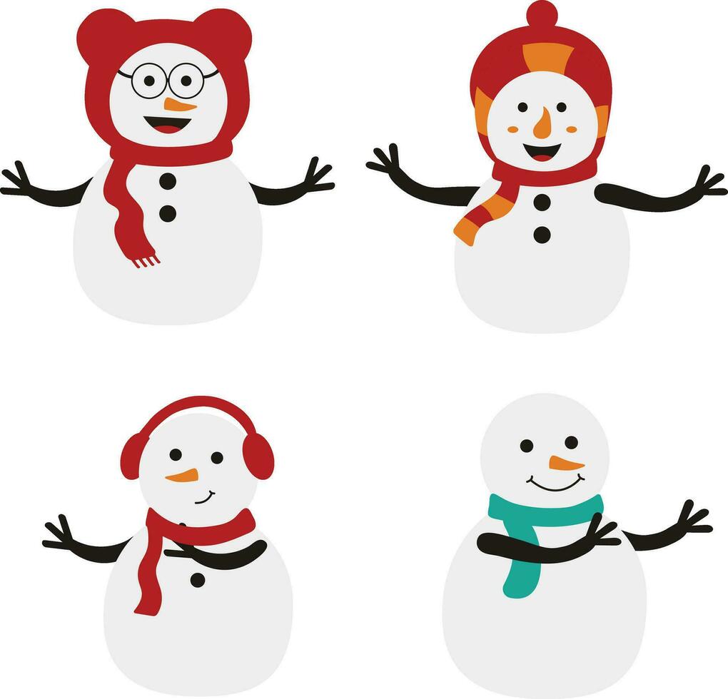 Winter Snowmen Element. Cheerful snowmen in different costumes. Vector illustration on white isolated background.