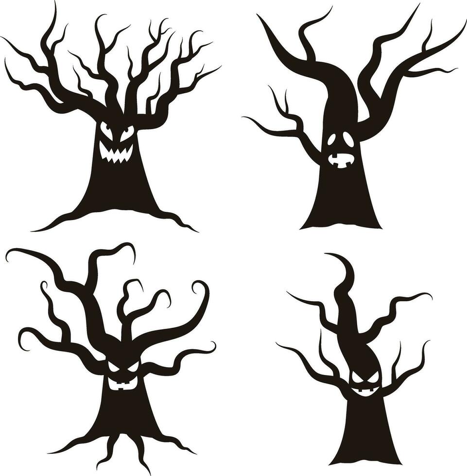 Víspera de Todos los Santos árbol aterrador. negro arboles silueta en blanco antecedentes vector