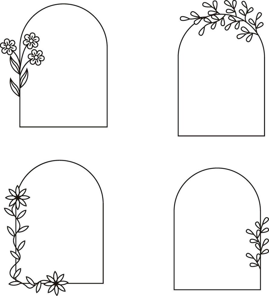 Arch Floral Frame. Hand drawn Botanical vector illustration. Flower wreath Black and white.Vector Pro