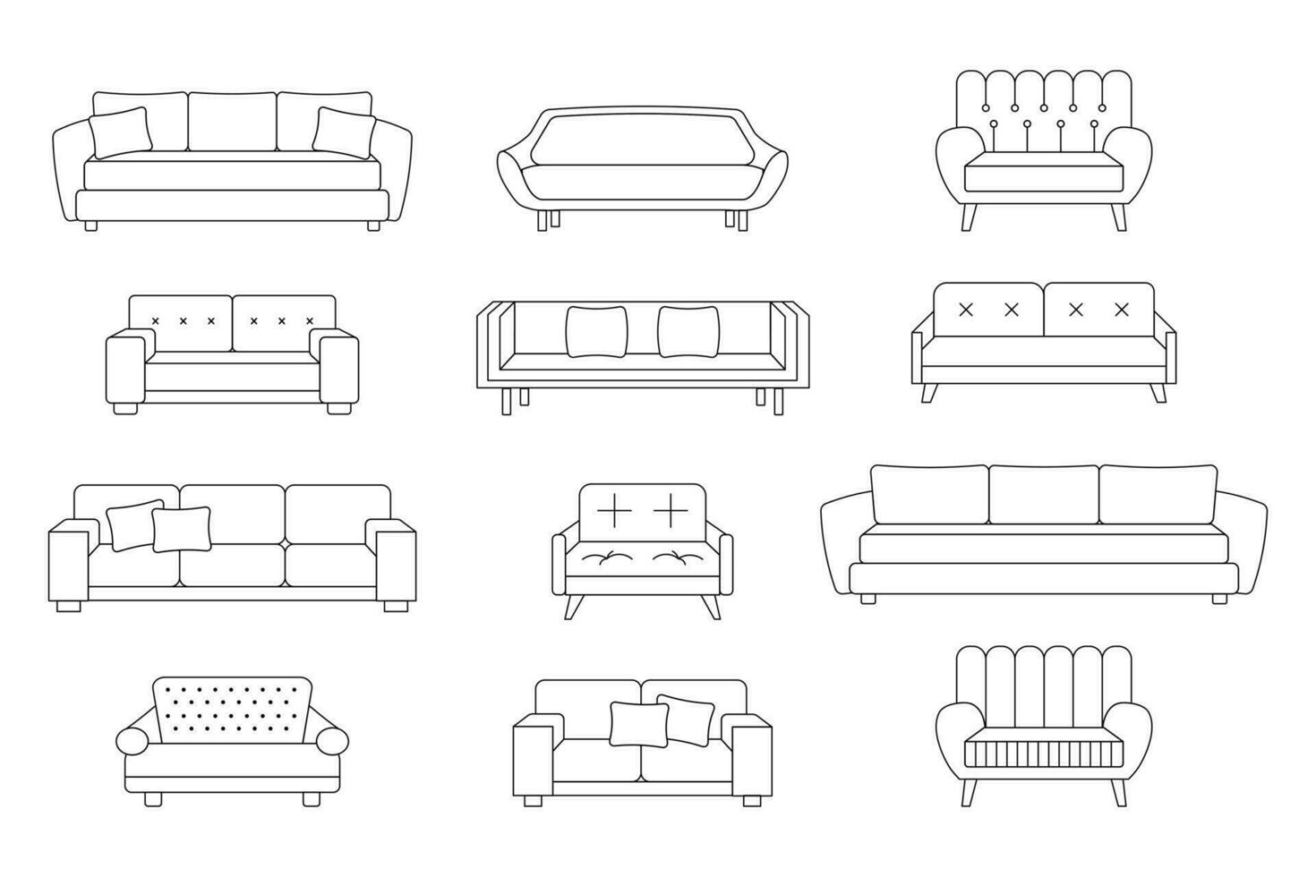 A set of sofas, ottomans. Collection of upholstered furniture for the home. Icons, sketch, vector
