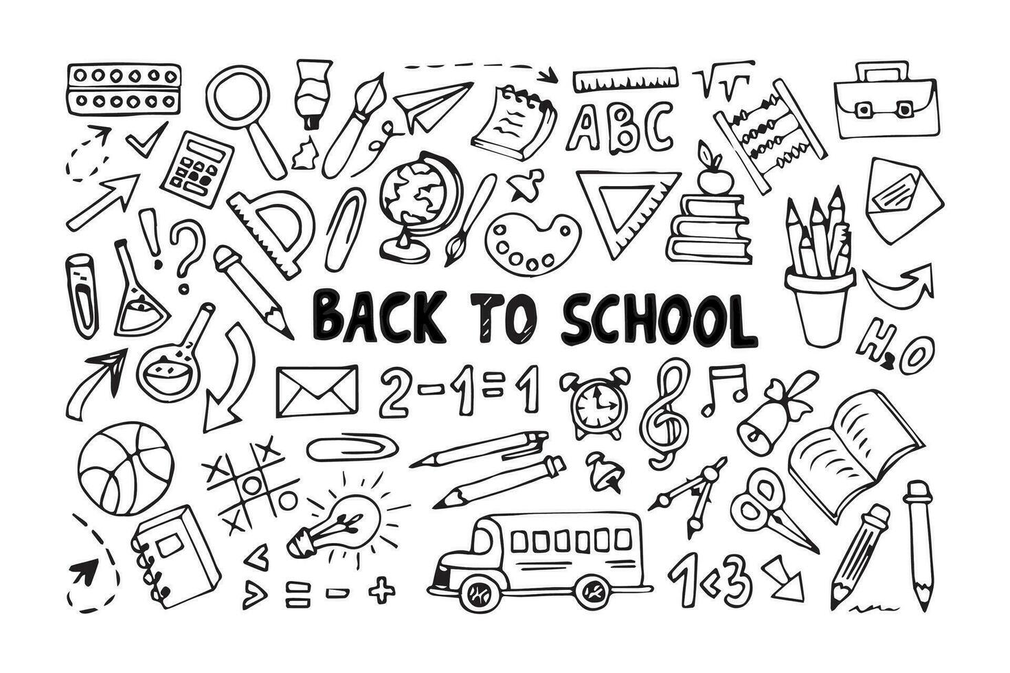 Back to school set in doodle style isolated on white background.Doodle lettering and school object collection. Sketch icon.Vector illustration. vector
