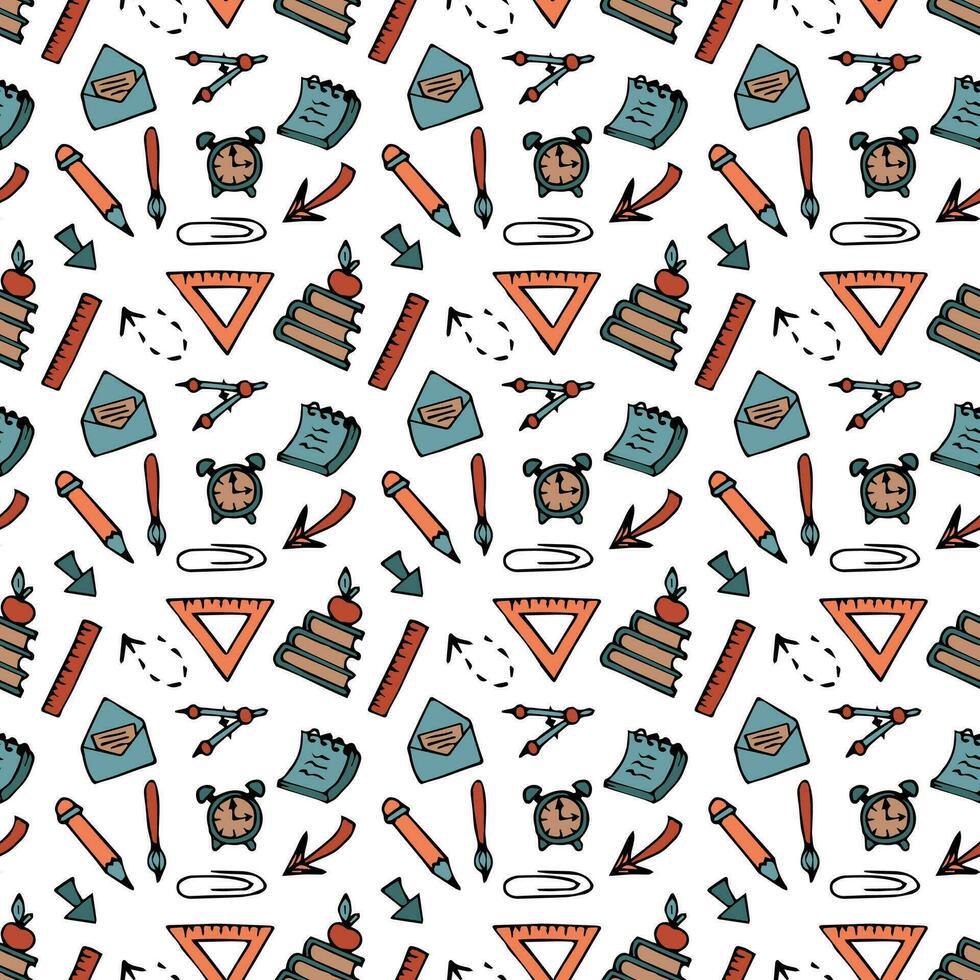 Seamless pattern with doodles on the theme of school. School supplies and creative elements. Vector illustration
