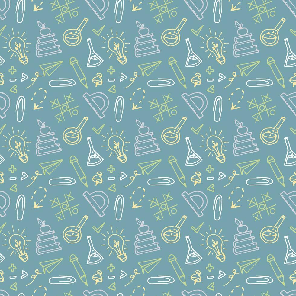 Back to school seamless pattern in doodle style. Hand drawn vector school supplies, stationery on pastel background.