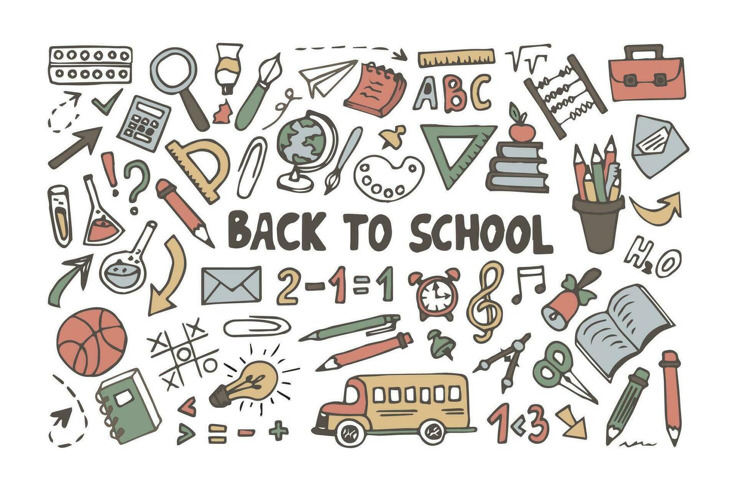 Back to school set in doodle style isolated on white background.Doodle lettering and school object collection. Sketch icon.Vector illustration. vector