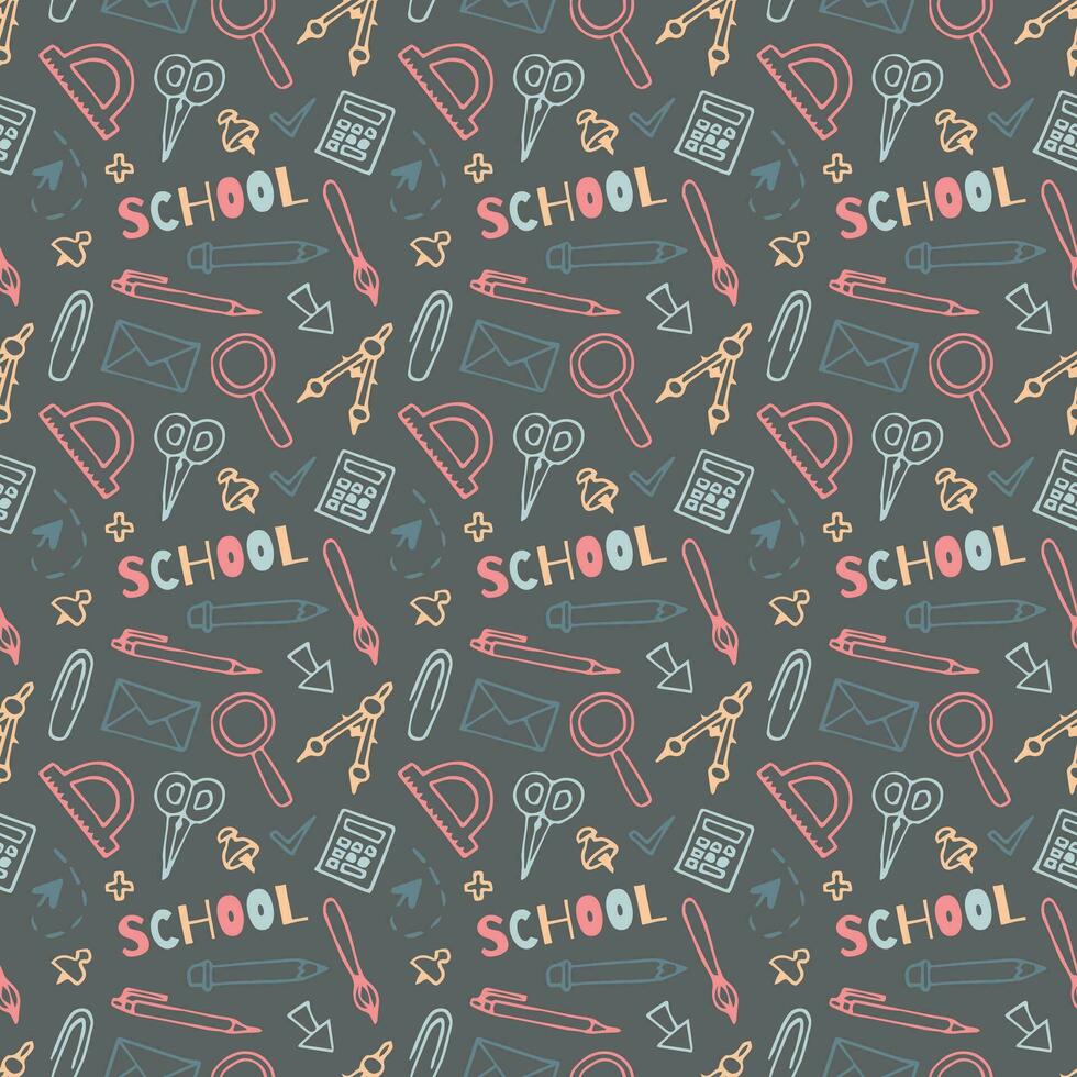 Back to school seamless pattern in doodle style. Hand drawn vector school supplies, stationery on dark gray background.