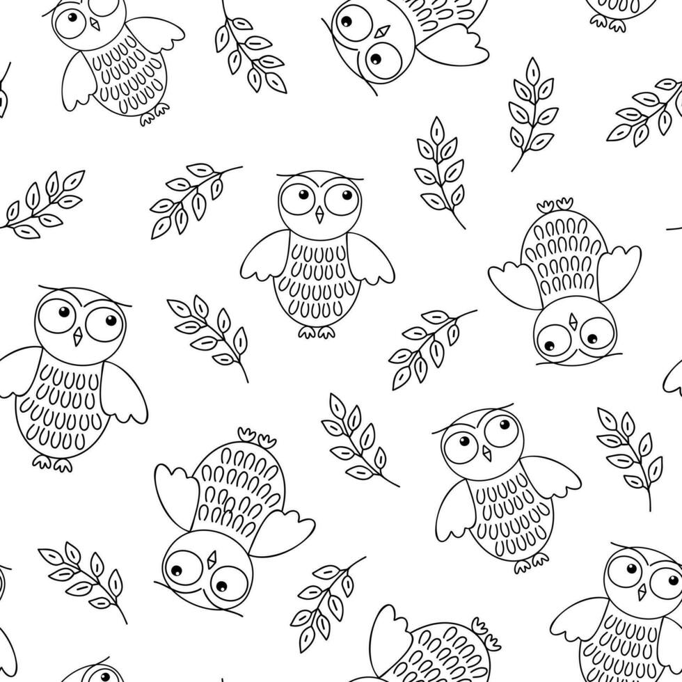 Cute doodle owl and tree branch with leaves seamless pattern, simple outline hand drawn vector black and white forest bird illustration, repeat ornament for textile, gift paper