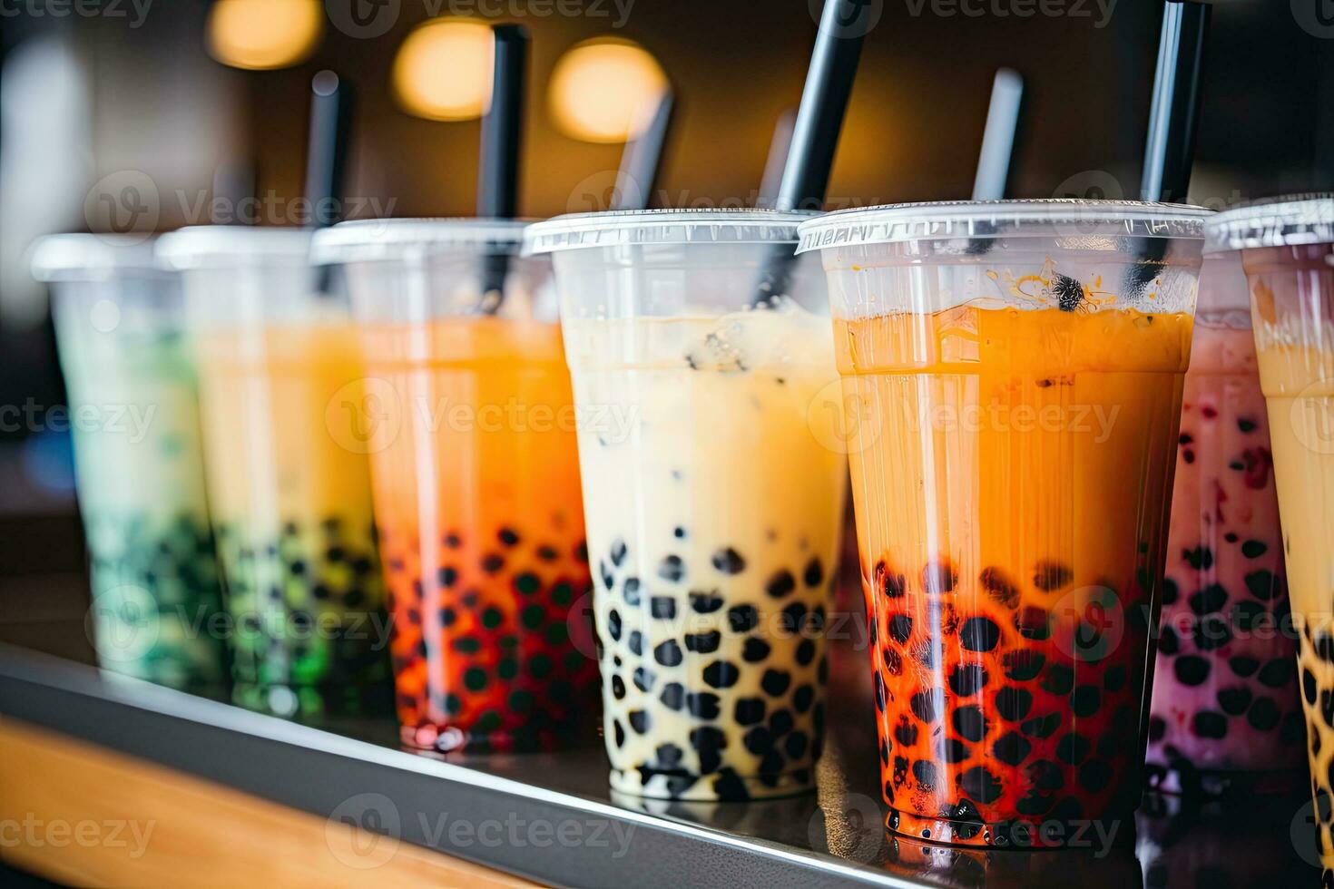 Generative AI illustration of plastic cups of boba milk tea, with bubbles, close-up shot, depth of field, gourmet dessert, blurry background photo