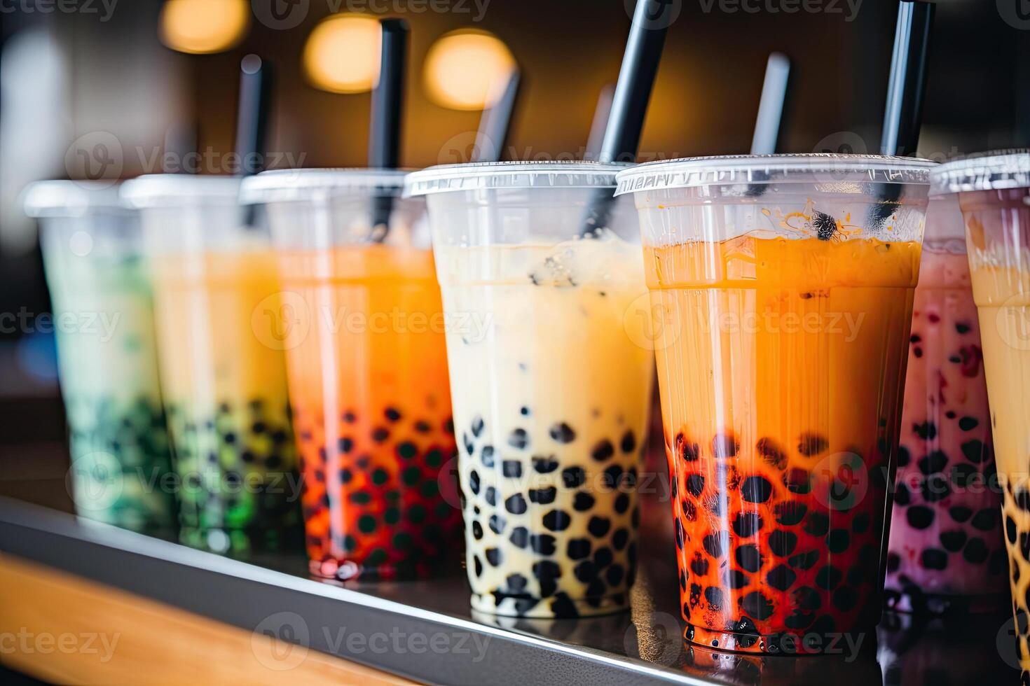 illustration of plastic cups of boba milk tea, with bubbles, close-up shot, depth of field, gourmet dessert, blurry background photo
